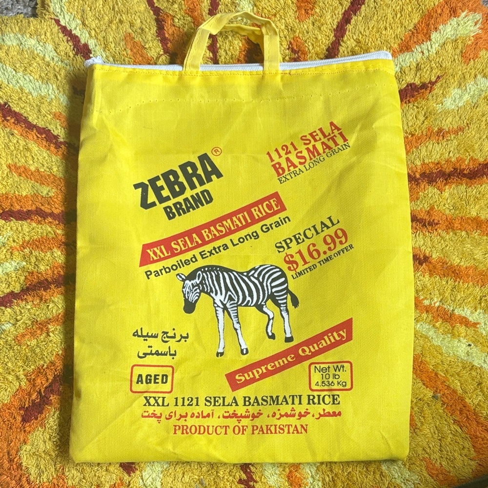 Handmade Zebra Brand Yellow Rice Repurposed Tote